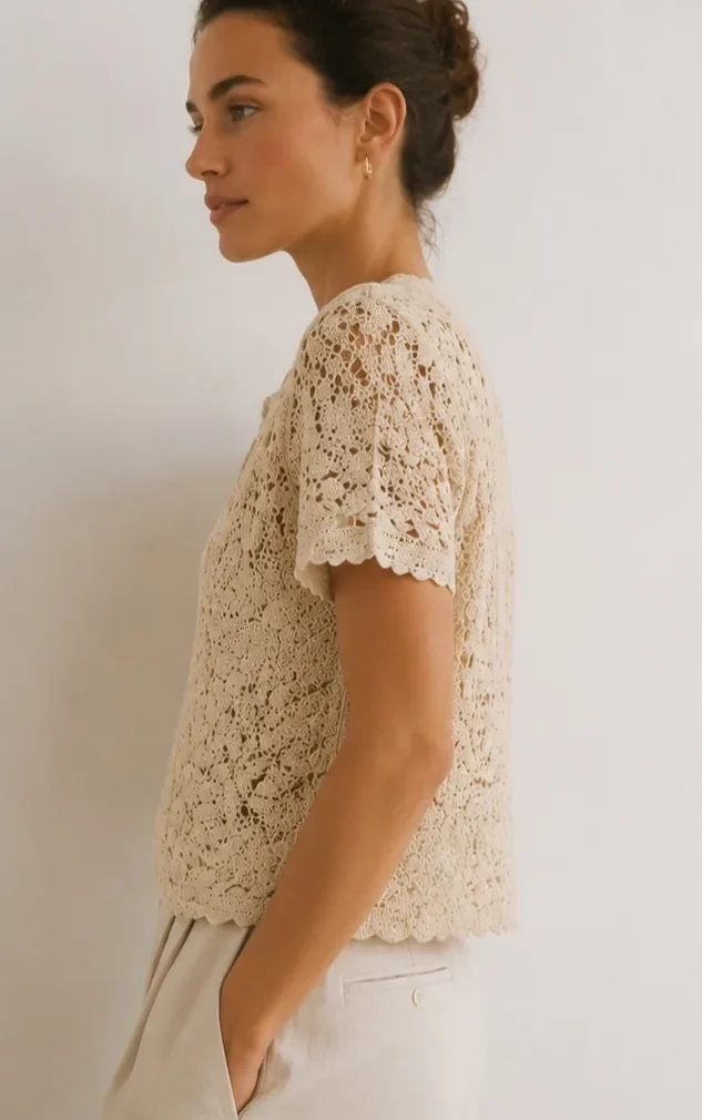 Top de Manga Corta de Crochet para Mujer — EF-W-1622