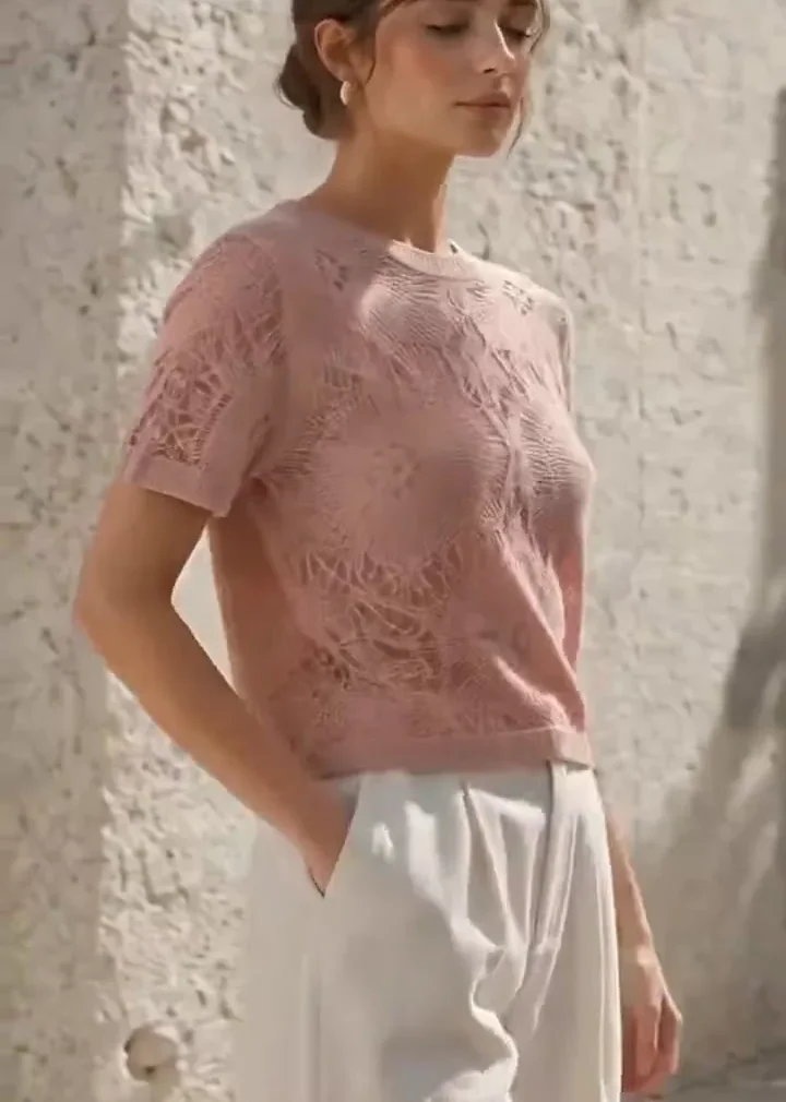 Top de Manga Corta de Crochet para Mujer — EF-W-1347