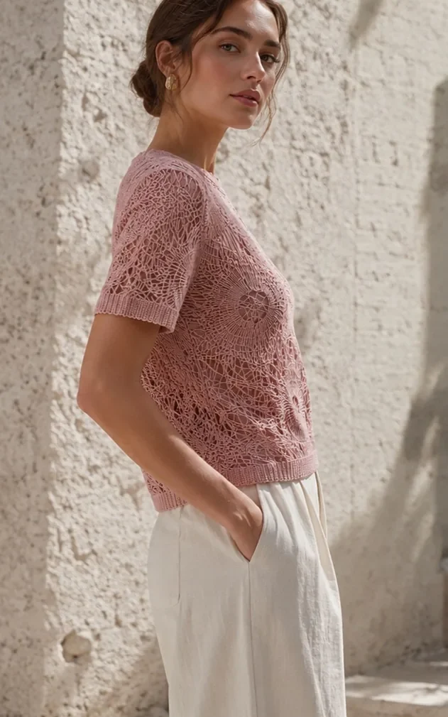 Top de Manga Corta de Crochet para Mujer — EF-W-1347