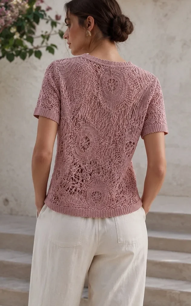 Top de Manga Corta de Crochet para Mujer — EF-W-1347