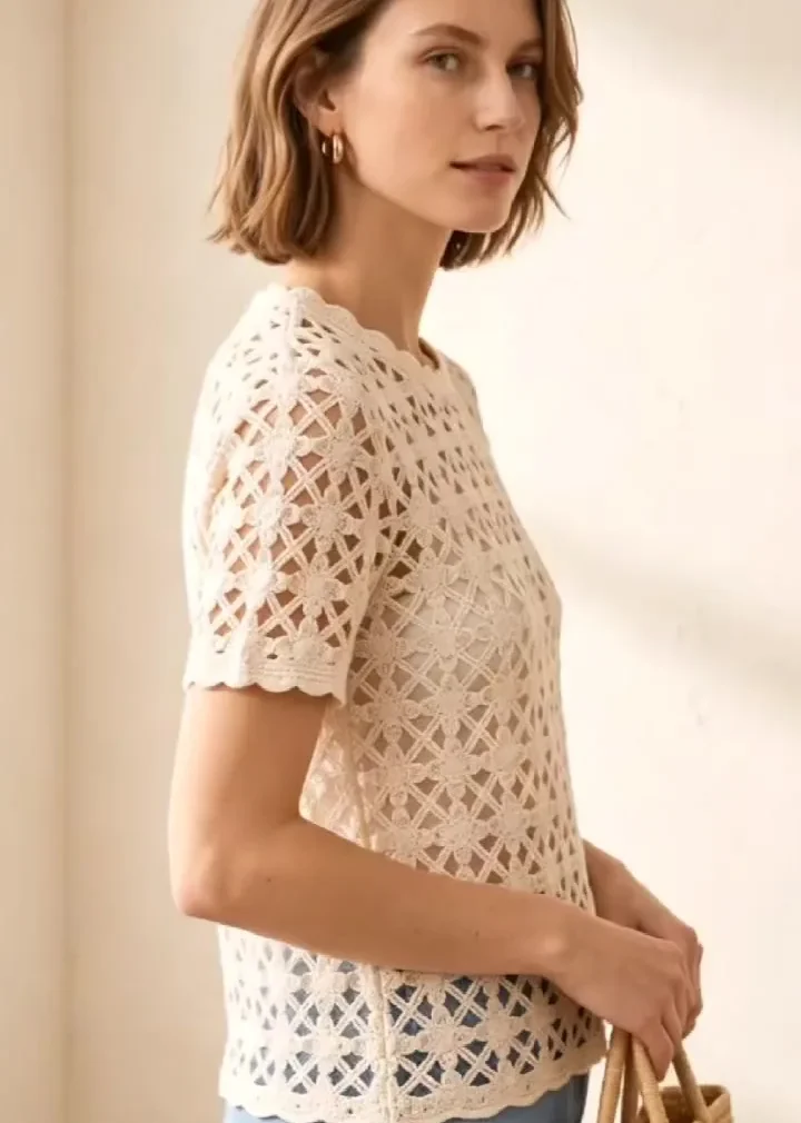 Top de Manga Corta de Crochet para Mujer — EF-W-1170