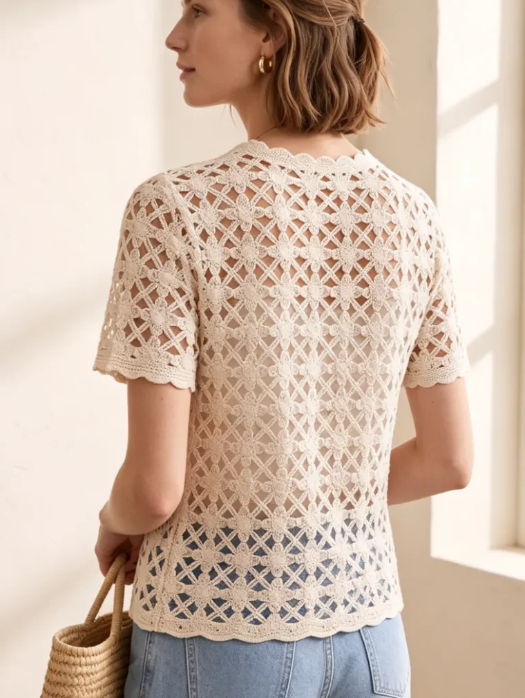 Top de Manga Corta de Crochet para Mujer — EF-W-1170