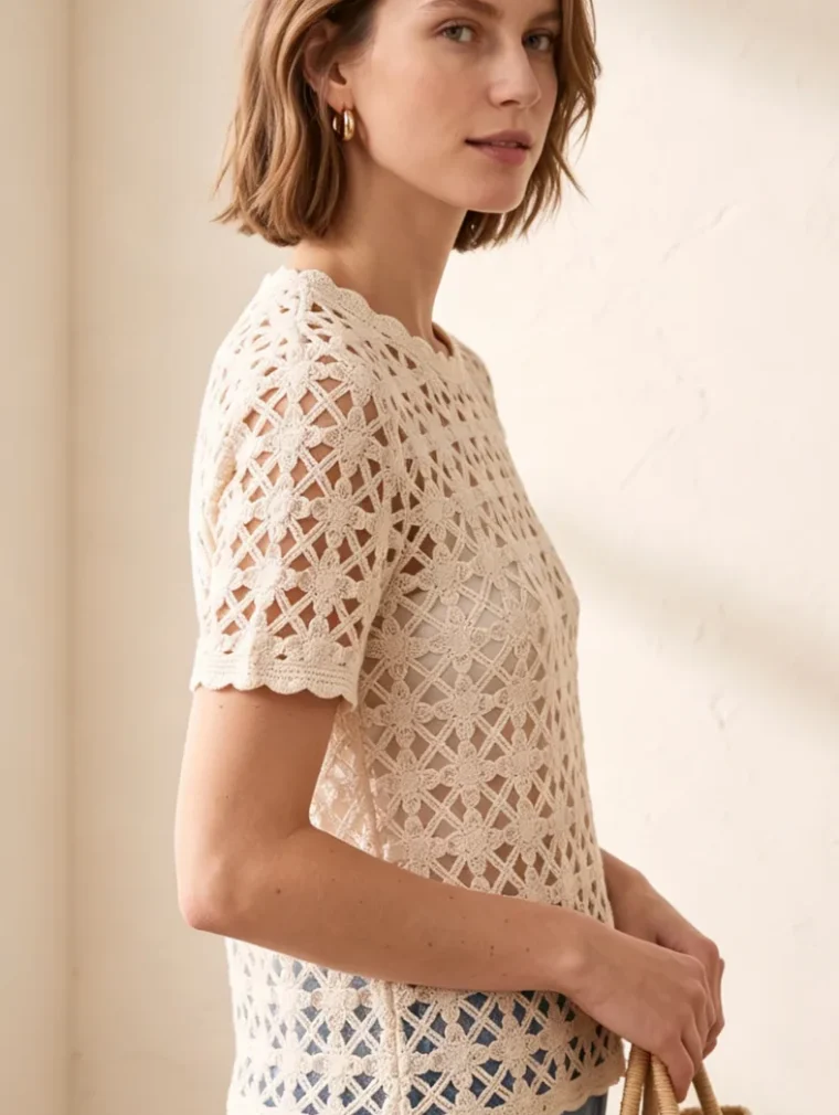 Top de Manga Corta de Crochet para Mujer — EF-W-1170