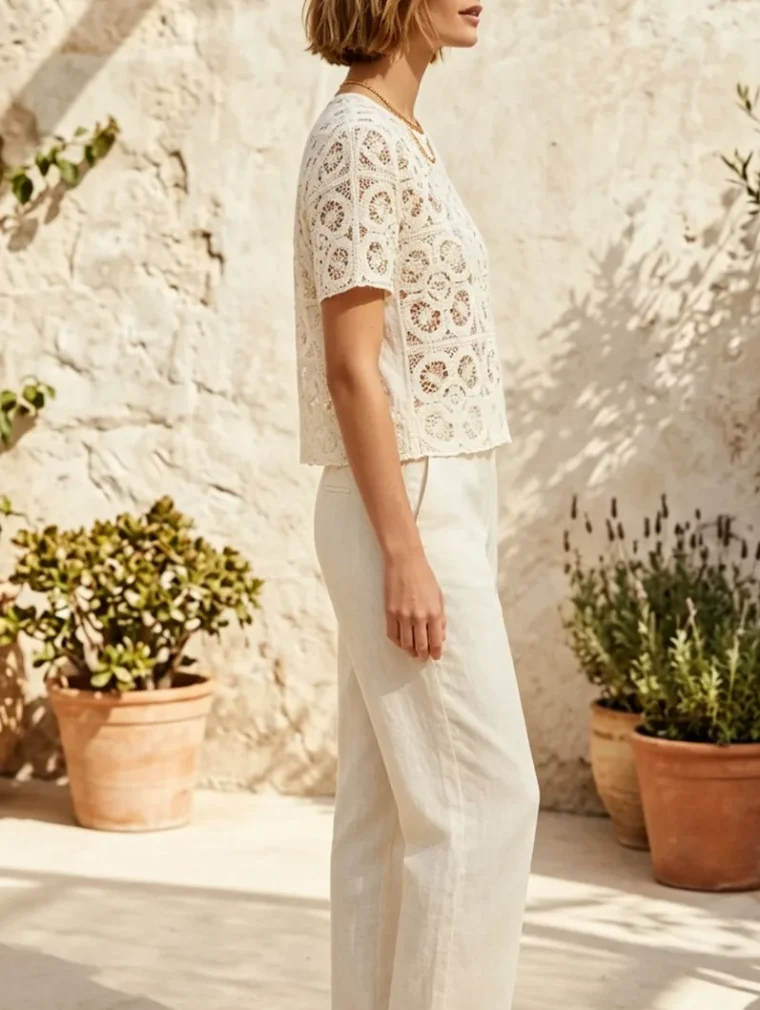 Women’s short-sleeve crochet top — EF-W-1334