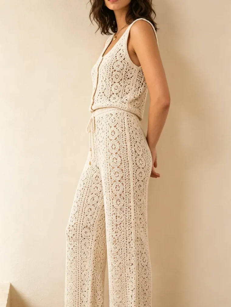 Conjunto Sin Manga de Crochet para Mujer — EF-W-1206