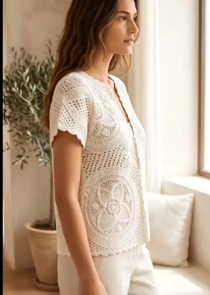 Camisa de Manga Corta de Crochet para Mujer — EF-W-1323