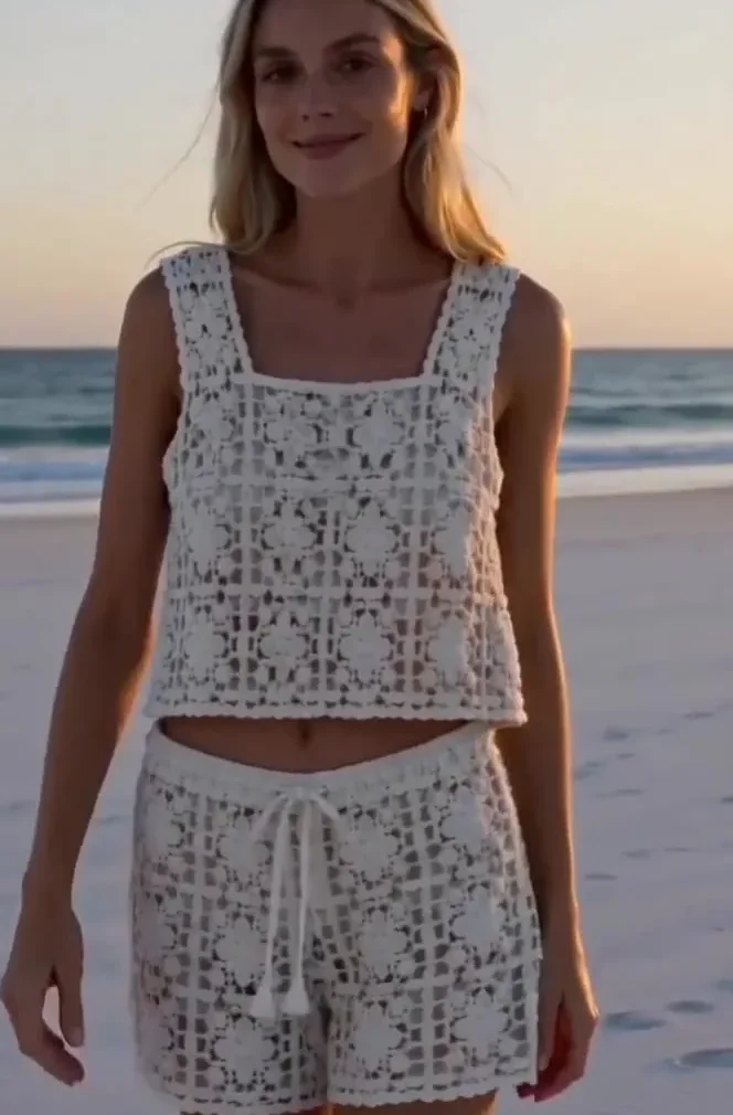 Conjunto Sin Manga de Crochet para Mujer — EF-W-1205