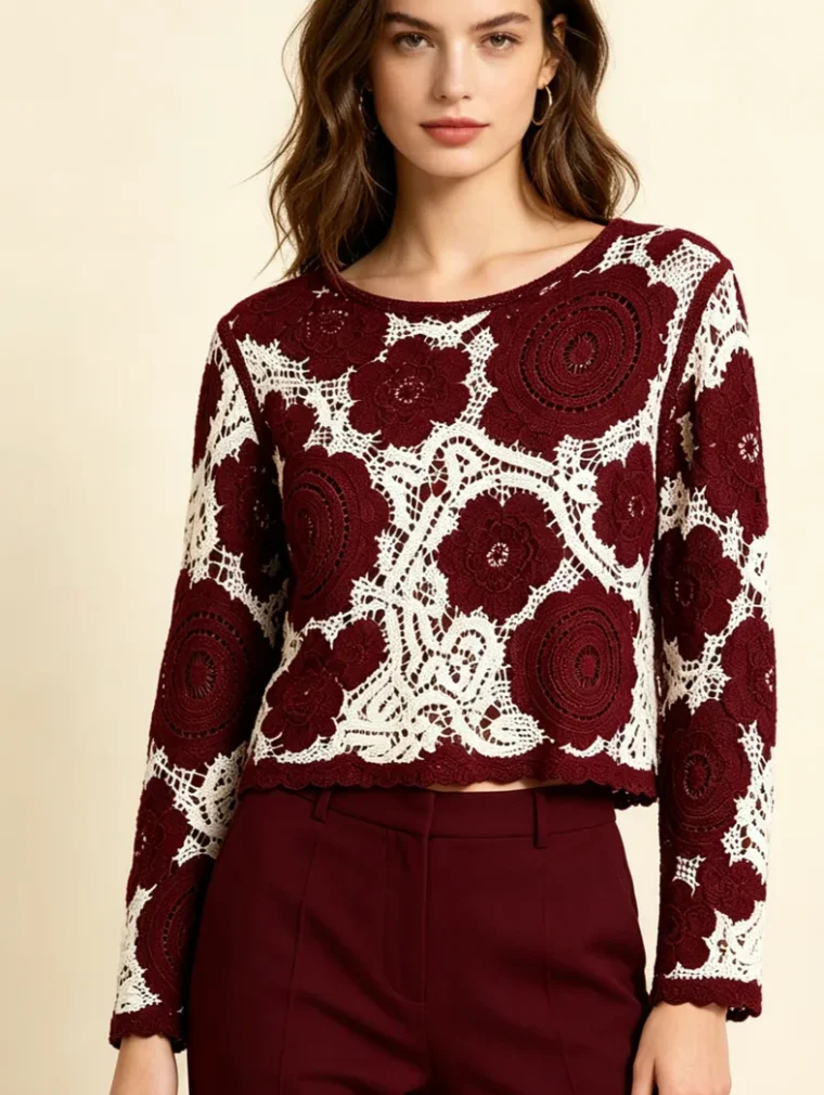 Camisa de Manga Larga de Crochet para Mujer — EF-W-1301