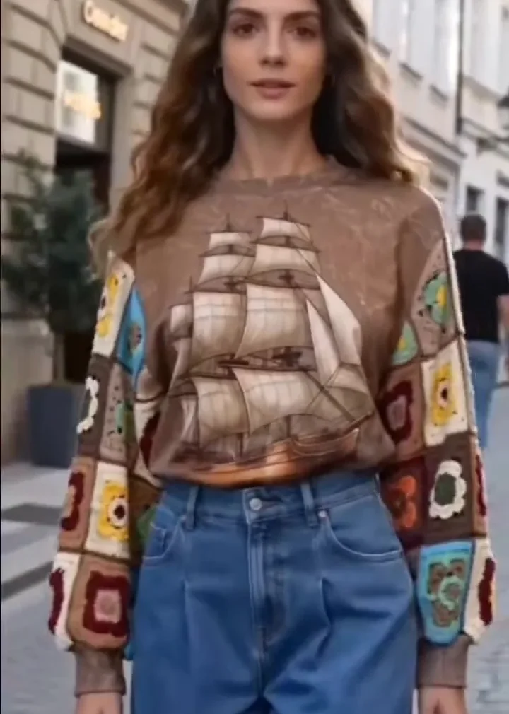 Camiseta de Manga Larga de Crochet para Mujer — EF-W-1203