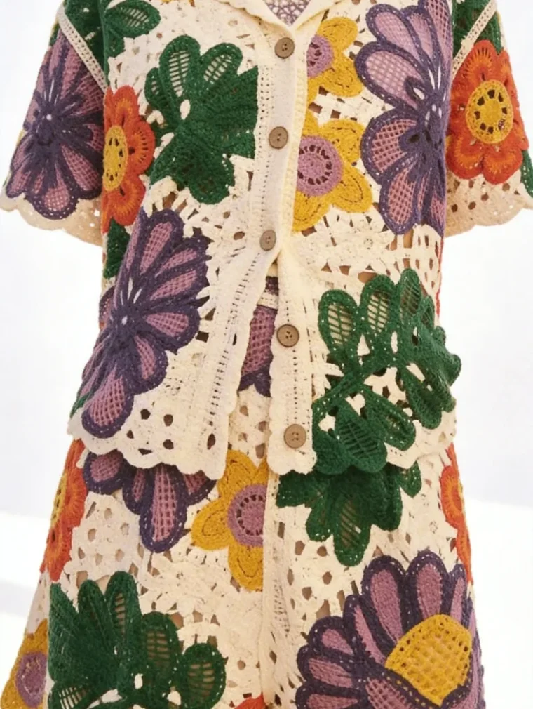 Conjunto de Manga Corta de Crochet para Mujer — EF-W-1154
