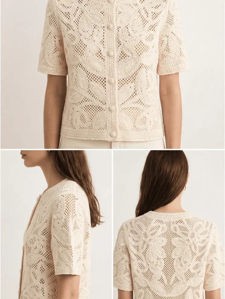 Top de Manga Corta de Crochet para Mujer — EF-W-1153