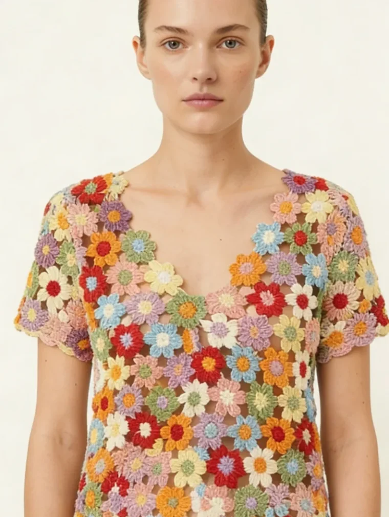 Top de Manga Corta de Crochet para Mujer — EF-W-1201