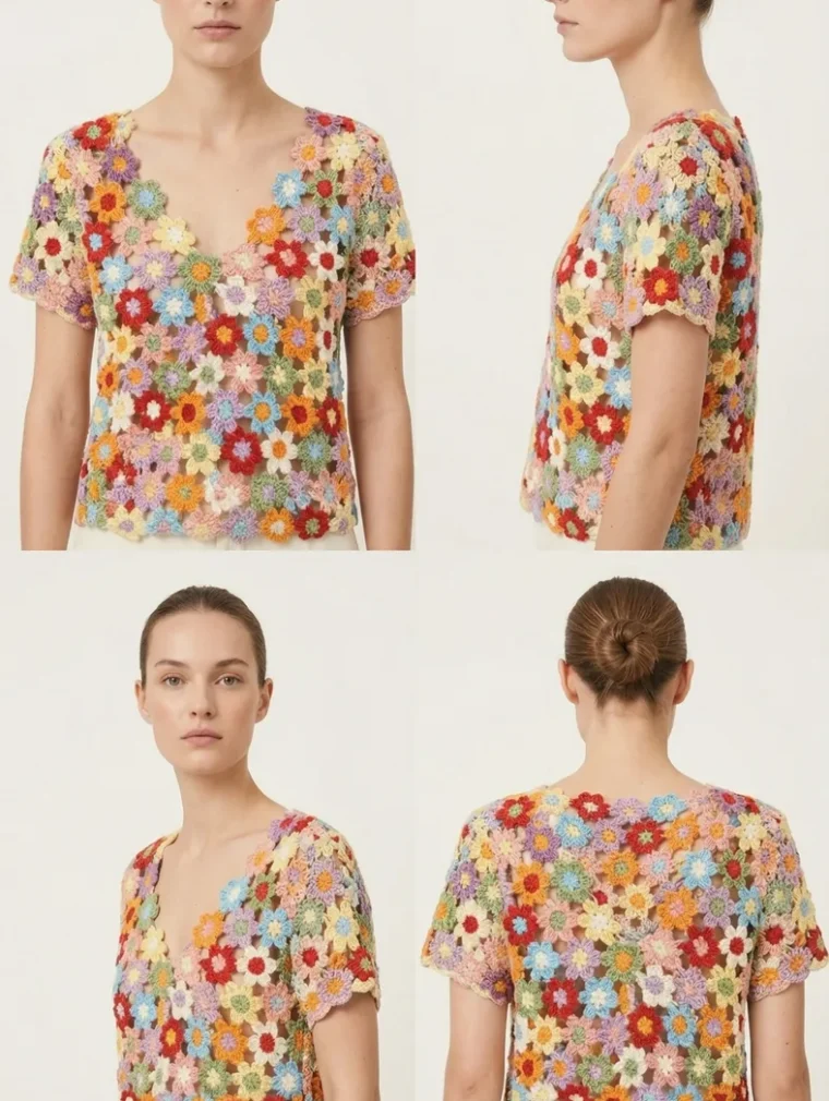 Top de Manga Corta de Crochet para Mujer — EF-W-1201