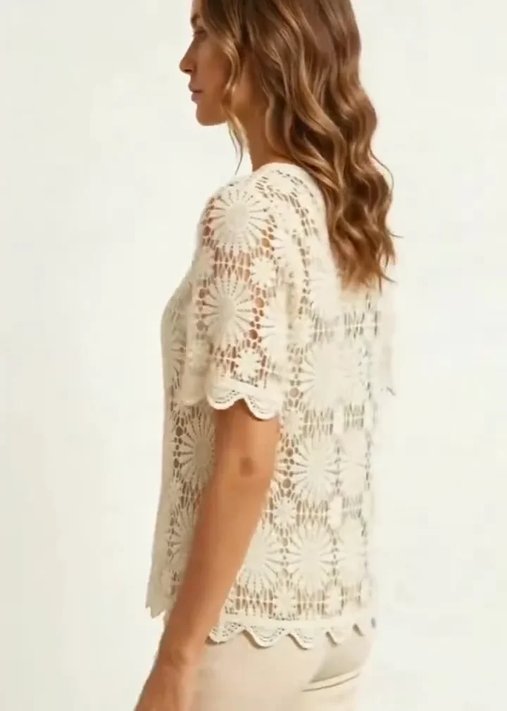 Top de Manga Corta de Crochet para Mujer — EF-W-1199