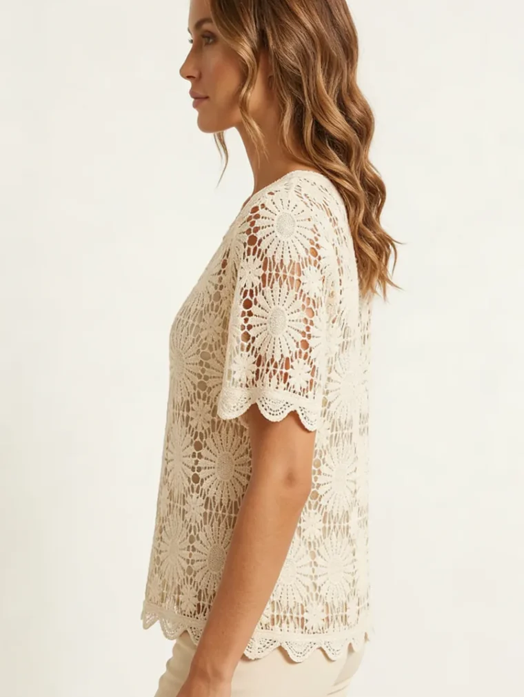Top de Manga Corta de Crochet para Mujer — EF-W-1199