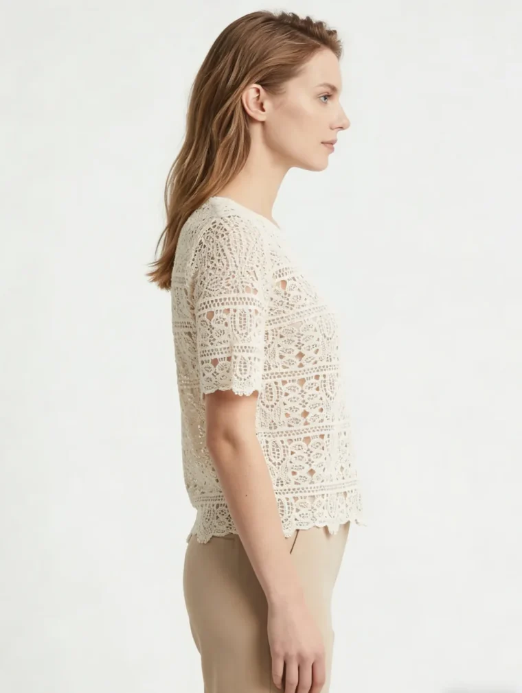 Top de Manga Corta de Crochet para Mujer — EF-W-1108