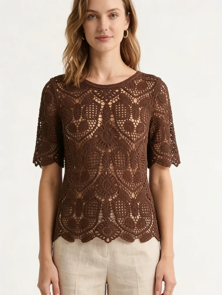 Top de Manga Corta de Crochet para Mujer — EF-W-1108