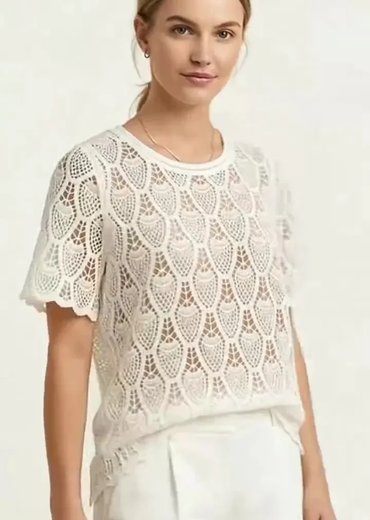 Top de Manga Corta de Crochet para Mujer — EF-W-1197