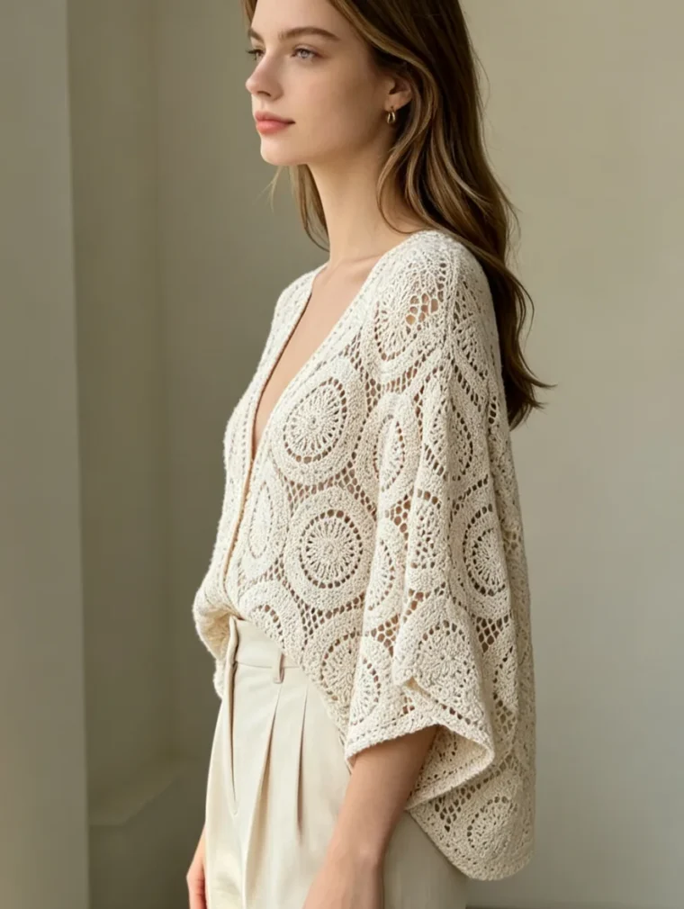 Top de Manga Corta de Crochet para Mujer — EF-W-1220