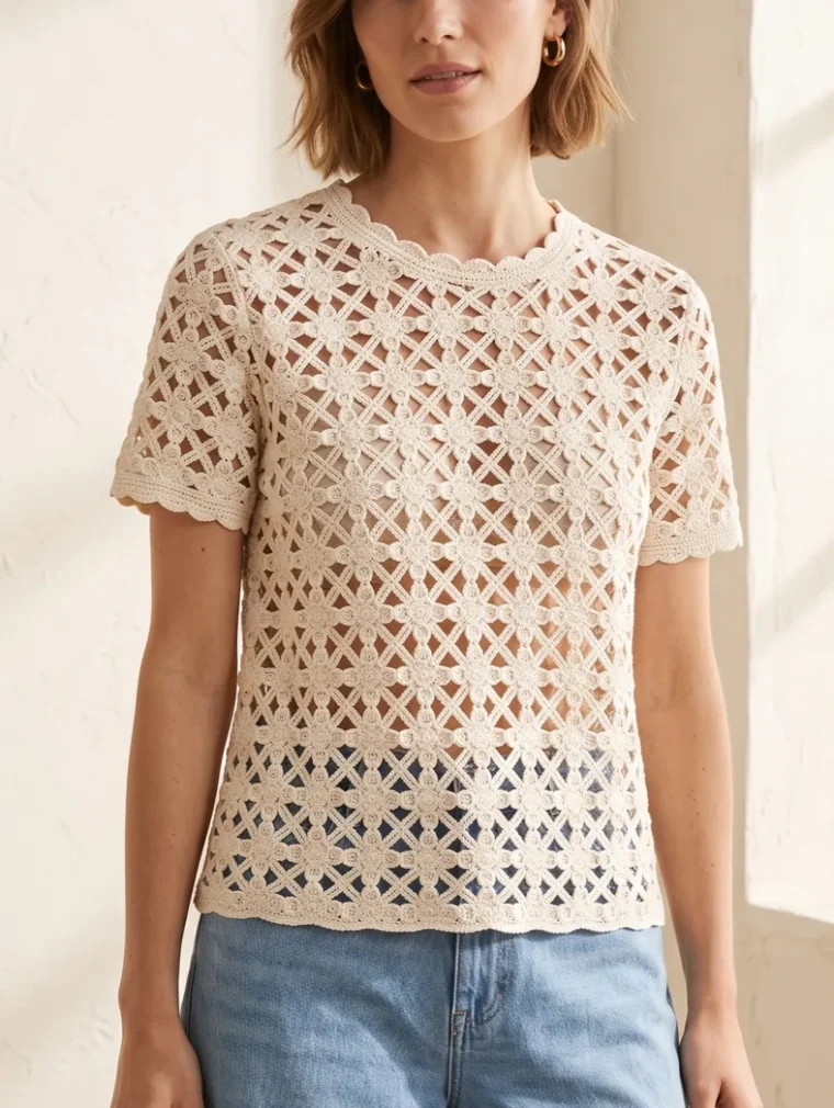 Women's short-sleeve crochet top (L56 / B55) — EF-W-1170
