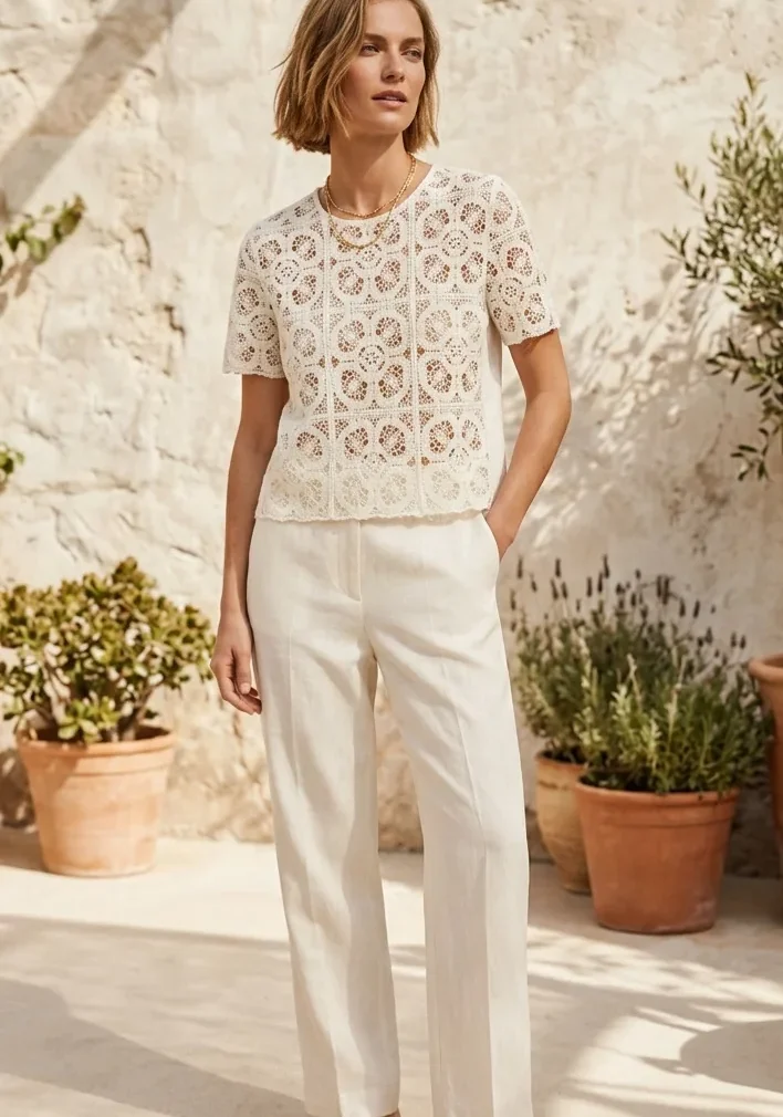 Women's short-sleeve crochet top (L56 / B55) — EF-W-1334