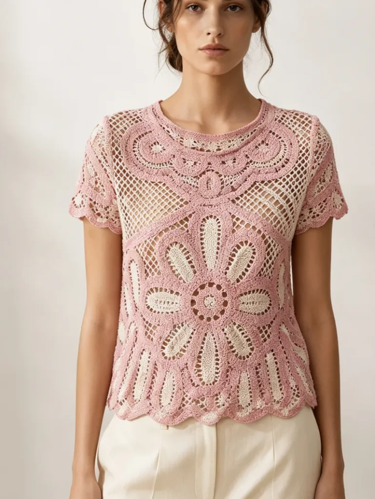 Women's short-sleeve crochet top (L56 / B55) — EF-W-1348