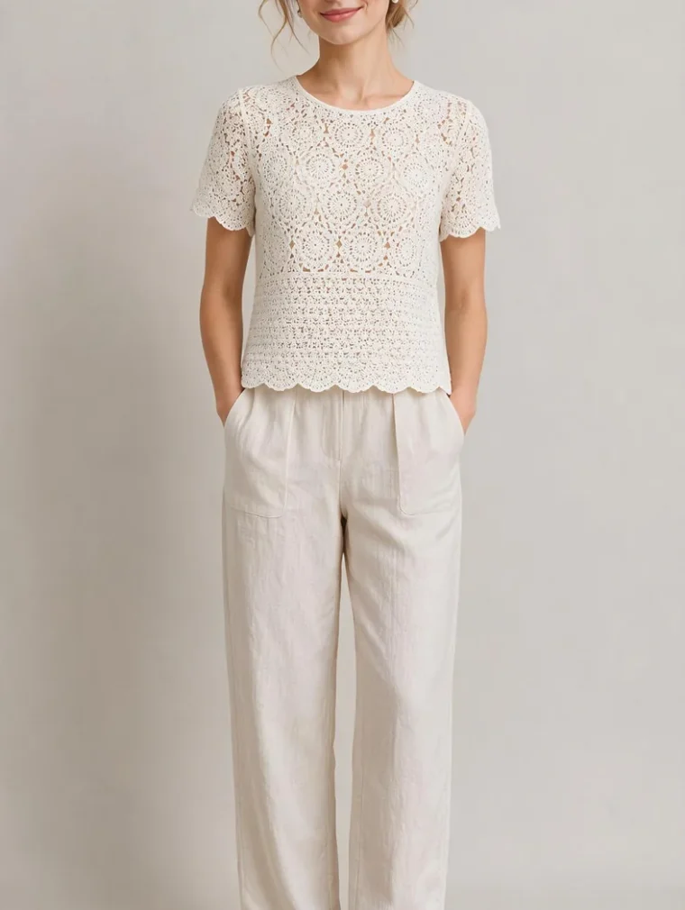 Women's short-sleeve crochet top (L56 / B55) — EF-W-1349