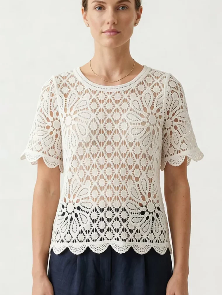 Women's short-sleeve crochet top (L52 / B48) — EF-W-1218