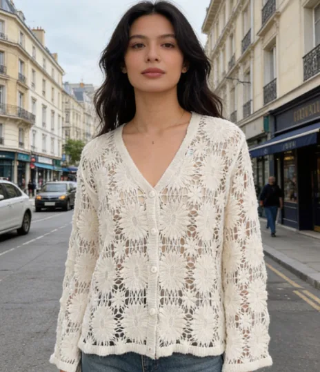 Women's long-sleeve crochet shirt (L58.5 / B50) — EF-W-1503