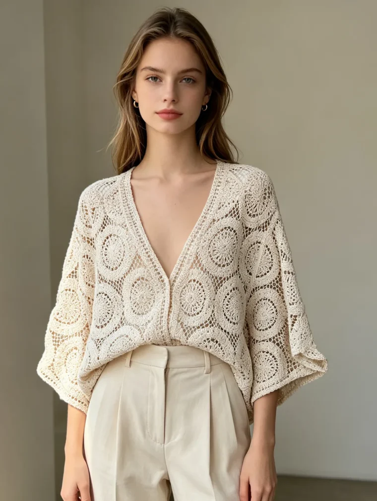 Women's Crochet Short-Sleeve Top (L63 / B51) — EF-W-1220