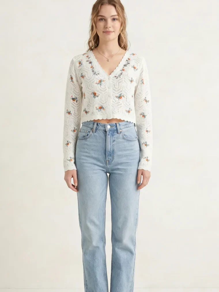 Women's long-sleeve crochet top (L39 / B44) — EF-W-1504
