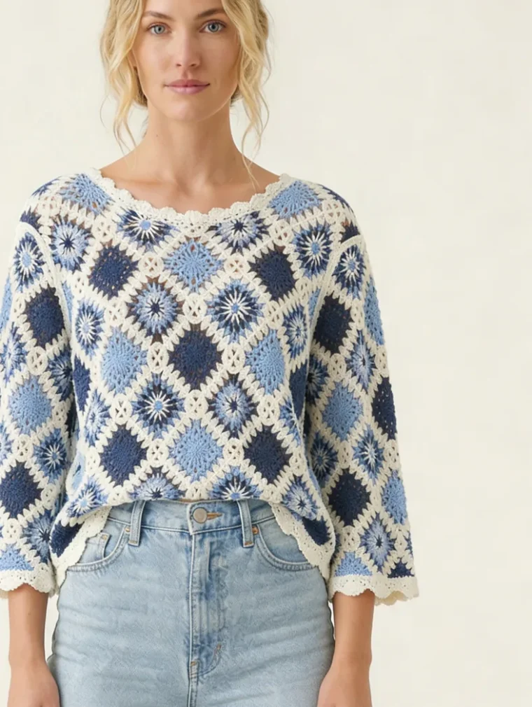 Women's long-sleeve crochet top (L66 / B63) — EF-W-1196