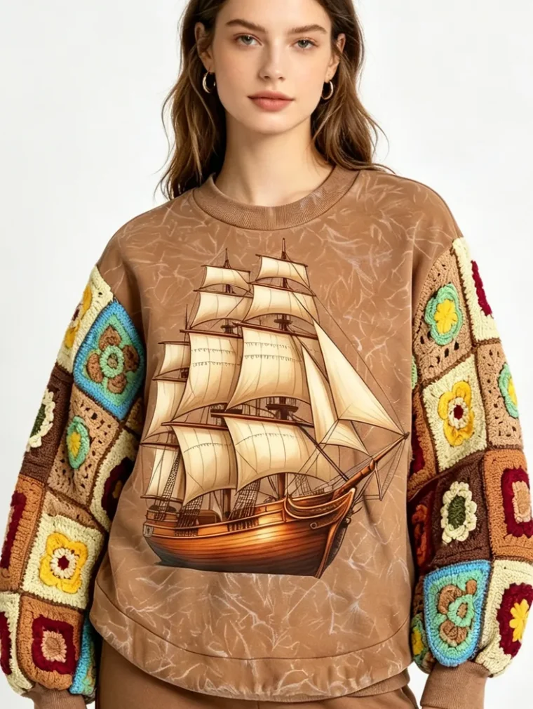 Women's crochet long-sleeve T-shirt (L58 / B48) — EF-W-1203