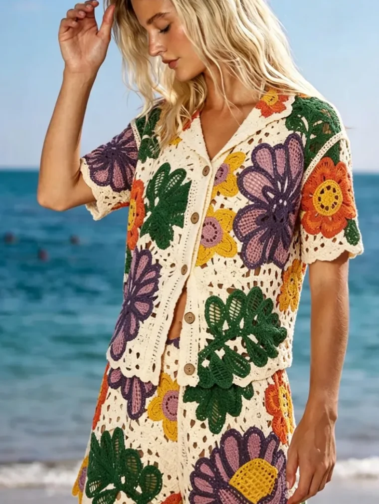 Women's short-sleeve crochet outfit (L54 / B48) — EF-W-1154